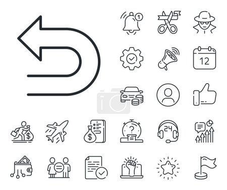 Illustration for Left turn direction symbol. Salaryman, gender equality and alert bell outline icons. Undo arrow line icon. Navigation pointer sign. Undo line sign. Spy or profile placeholder icon. Vector - Royalty Free Image
