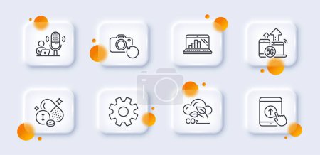 Illustration for Iodine mineral, Recovery photo and Graph laptop line icons pack. 3d glass buttons with blurred circles. 5g internet, Service, Co2 gas web icon. Podcast, Swipe up pictogram. Vector - Royalty Free Image
