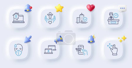 Illustration for Volunteer, Outsource work and Apartment insurance line icons. Buttons with 3d bell, chat speech, cursor. Pack of Education, Work home, Presentation time icon. Sick man, Move gesture pictogram. Vector - Royalty Free Image