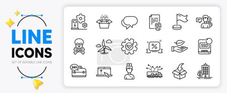 Illustration for Packing boxes, Recovery ssd and Chemical hazard line icons set for app include Cogwheel, Swipe up, Charging station outline thin icon. Moving service, Truck delivery. Vector - Royalty Free Image