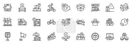 Illustration for Icons pack as Training results, Bus and Search flight line icons for app include Online storage, Eco power, 24 hours outline thin icon web set. Delivery bike, Packing boxes. Vector - Royalty Free Image