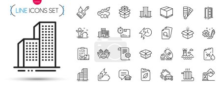 Illustration for Pack of Open door, Palette and Lighthouse line icons. Include Canister, Builders union, Technical documentation pictogram icons. Radiator, University campus, Delivery box signs. Vector - Royalty Free Image