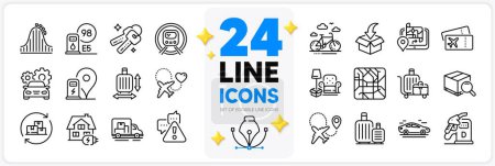 Illustration for Icons set of Airplane, Baggage cart and Warning line icons pack for app with Bike rental, Gps, Roller coaster thin outline icon. Baggage size, Diesel station, Delivery change pictogram. Vector - Royalty Free Image