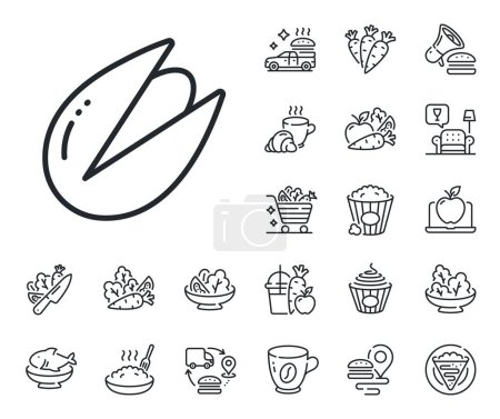 Illustration for Tasty nuts sign. Crepe, sweet popcorn and salad outline icons. Pistachio nut line icon. Vegan food symbol. Pistachio nut line sign. Pasta spaghetti, fresh juice icon. Supply chain. Vector - Royalty Free Image