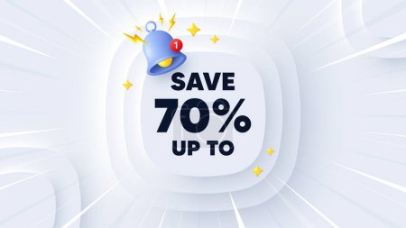 Illustration for Save up to 70 percent tag. Neumorphic banner with sunburst. Discount Sale offer price sign. Special offer symbol. Discount message. Banner with 3d reminder bell. Circular neumorphic template. Vector - Royalty Free Image