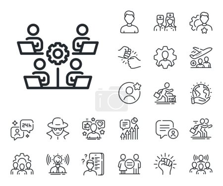 Illustration for Remote office sign. Specialist, doctor and job competition outline icons. Teamwork line icon. Networking team employees symbol. Teamwork line sign. Avatar placeholder, spy headshot icon. Vector - Royalty Free Image
