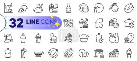 Illustration for Outline set of Coffee maker, Food time and Food delivery line icons for web with Ice cream, Grill basket, Coffee break thin icon. Cake, Takeaway, Whiskey bottle pictogram icon. Vector - Royalty Free Image