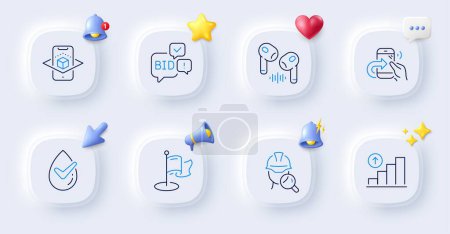 Illustration for Bid offer, Share call and Augmented reality line icons. Buttons with 3d bell, chat speech, cursor. Pack of Graph chart, Inspect, Milestone icon. Dermatologically tested, Headphone pictogram. Vector - Royalty Free Image