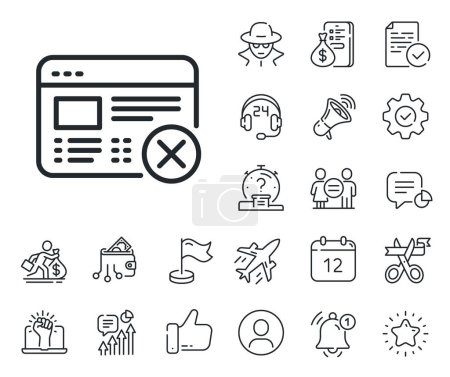 Illustration for No internet sign. Salaryman, gender equality and alert bell outline icons. Reject web page line icon. Delete browser. Reject web line sign. Spy or profile placeholder icon. Vector - Royalty Free Image