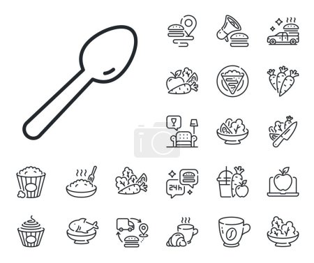 Illustration for Kitchen cutlery sign. Crepe, sweet popcorn and salad outline icons. Spoon line icon. Kitchenware teaspoon utensils symbol. Spoon line sign. Pasta spaghetti, fresh juice icon. Supply chain. Vector - Royalty Free Image