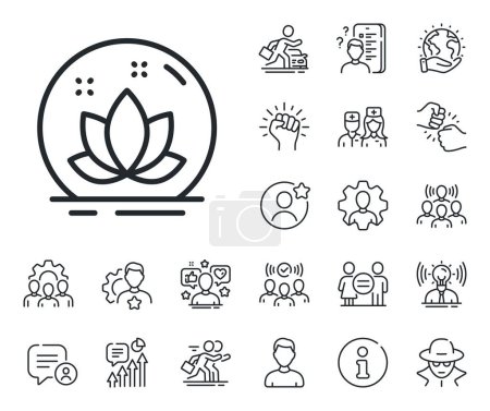 Illustration for Yoga meditation flower sign. Specialist, doctor and job competition outline icons. Lotus line icon. Mind relax and peace symbol. Lotus line sign. Avatar placeholder, spy headshot icon. Vector - Royalty Free Image