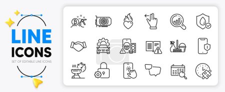 Illustration for Touchscreen gesture, Handshake and Heart flame line icons set for app include Phishing, Puzzle time, Seo analysis outline thin icon. Grill time, Bitcoin mining, Speech bubble pictogram icon. Vector - Royalty Free Image