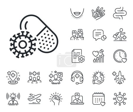 Illustration for Covid-19 virus vaccine sign. Online doctor, patient and medicine outline icons. Coronavirus pills line icon. Corona virus symbol. Coronavirus pills line sign. Vector - Royalty Free Image