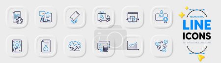 Illustration for Approved document, Internet document and Graph line icons for web app. Pack of Money calculator, Smartphone broken, Co2 gas pictogram icons. Online voting, Car service, Inventory report signs. Vector - Royalty Free Image