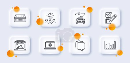 Illustration for Column chart, Checkbox and Messenger line icons pack. 3d glass buttons with blurred circles. Medical help, Journey, Business idea web icon. Mattress, Market pictogram. For web app, printing. Vector - Royalty Free Image