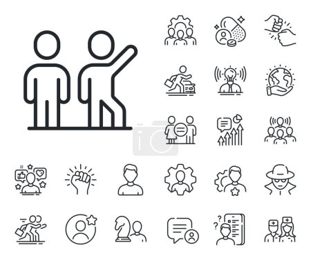 Illustration for Team work together sign. Specialist, doctor and job competition outline icons. Teamwork line icon. Business partnership symbol. Teamwork line sign. Avatar placeholder, spy headshot icon. Vector - Royalty Free Image