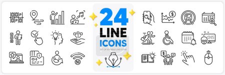 Illustration for Icons set of Online rating, 5g wifi and Product knowledge line icons pack for app with Checkbox, Teamwork, Consolidation thin outline icon. Medical calendar, Dollar rate, Card pictogram. Vector - Royalty Free Image