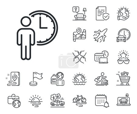 Illustration for Service time sign. Plane jet, travel map and baggage claim outline icons. Person waiting line icon. Clock symbol. Waiting line sign. Car rental, taxi transport icon. Place location. Vector - Royalty Free Image