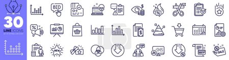 Illustration for Dot plot, Loan percent and Payment card line icons pack. Card, Vip shopping, Report statistics web icon. Report diagram, Bid offer, Cut ribbon pictogram. Cyber attack, Diagram graph. Vector - Royalty Free Image