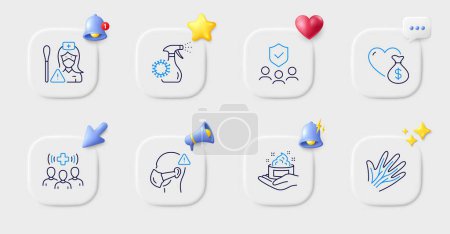 Illustration for People insurance, Veins and Medical staff line icons. Buttons with 3d bell, chat speech, cursor. Pack of Nurse, Donation, Skin care icon. Medical mask, Coronavirus spray pictogram. Vector - Royalty Free Image