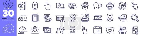 Illustration for Cash transit, Phone photo and Sales diagram line icons pack. Presentation time, Photo album, Research web icon. Fire energy, Touchscreen gesture, Cursor pictogram. Star, Scroll down, Face id. Vector - Royalty Free Image
