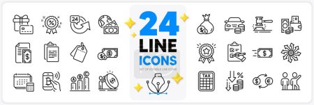 Illustration for Icons set of Inflation, Money transfer and Currency exchange line icons pack for app with Payment, Sale tags, Cash thin outline icon. Dollar money, Deflation, Gift card pictogram. Vector - Royalty Free Image