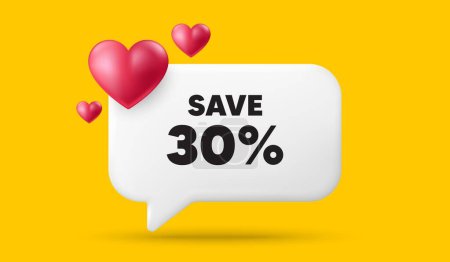 Illustration for Save 30 percent off tag. 3d speech bubble banner with hearts. Sale Discount offer price sign. Special offer symbol. Discount chat speech message. 3d offer talk box. Vector - Royalty Free Image