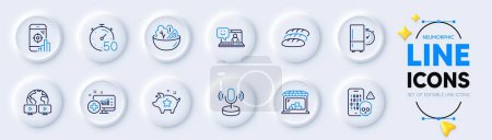 Illustration for Loyalty points, Smile and Video conference line icons for web app. Pack of Seo phone, Market, Bread pictogram icons. Cyber attack, Timer, Microphone signs. Salad, Refrigerator timer. Vector - Royalty Free Image