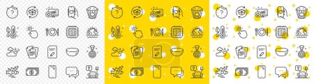 Illustration for Outline Message, Food and Smartphone line icons pack for web with Windy weather, Fish school, Thermometer line icon. Lounge, Winner reward, Bowl dish pictogram icon. Documents, Popcorn. Vector - Royalty Free Image