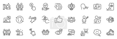 Illustration for Icons pack as Use gloves, Online tax and Clown line icons for app include Breathing exercise, Partnership, Friends couple outline thin icon web set. Face id, Builders union. Vector - Royalty Free Image