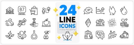 Illustration for Icons set of Medical drugs, Court jury and Vitamin n line icons pack for app with Eco power, Accounting, Transport insurance thin outline icon. Cognac bottle, Stress, Ice cream pictogram. Vector - Royalty Free Image