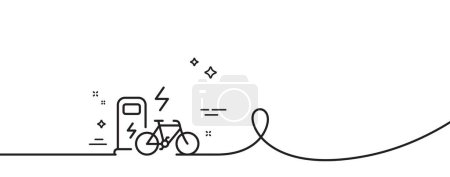 Téléchargez les illustrations : Icône de ligne de vélo électrique. Continu une ligne avec boucle. Panneau de transport de vélo motorisé. Chargez le symbole ebike. Ruban de contour simple vélo électrique. Courbe de boucle. Vecteur - en licence libre de droit