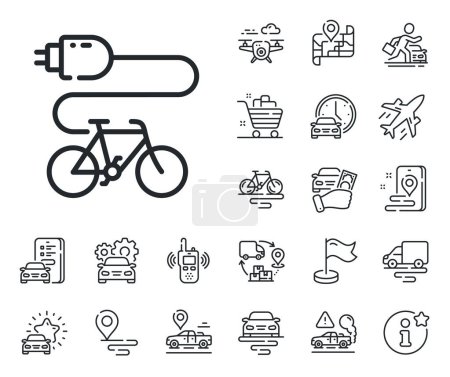 Illustration for Motorized bicycle transport sign. Plane, supply chain and place location outline icons. Electric bike line icon. Charge ebike symbol. Electric bike line sign. Taxi transport, rent a bike icon. Vector - Royalty Free Image