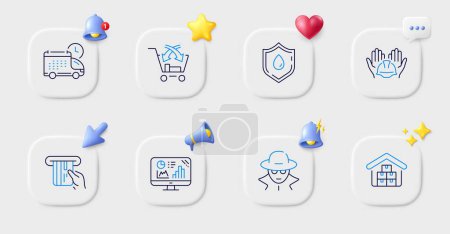 Illustration for Analytics graph, Cross sell and Delivery line icons. Buttons with 3d bell, chat speech, cursor. Pack of Credit card, Wholesale goods, Blood donation icon. Builders union, Fraud pictogram. Vector - Royalty Free Image