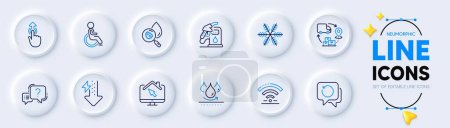 Illustration for Disability, Snowflake and Question mark line icons for web app. Pack of Waterproof, Petrol station, Supply chain pictogram icons. Recovery data, Swipe up, Energy drops signs. Work home. Vector - Royalty Free Image