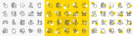 Illustration for Outline Phone payment, Teamwork and Vip table line icons pack for web with Inspect, Music, Fingerprint line icon. Face scanning, Leadership, Discrimination pictogram icon. Stress. Vector - Royalty Free Image