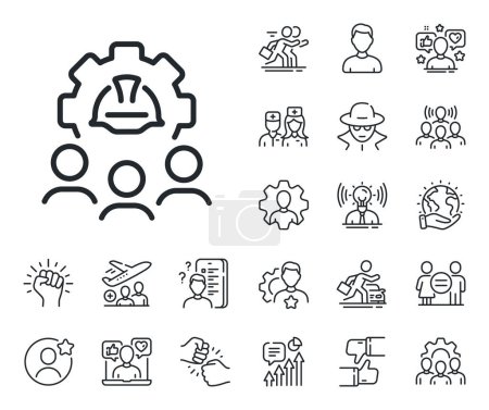 Illustration for Engineer or architect group sign. Specialist, doctor and job competition outline icons. Engineering team line icon. Construction helmet symbol. Engineering team line sign. Vector - Royalty Free Image