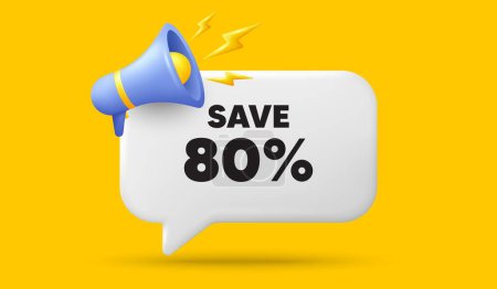 Illustration for Save 80 percent off tag. 3d speech bubble banner with megaphone. Sale Discount offer price sign. Special offer symbol. Discount chat speech message. 3d offer talk box. Vector - Royalty Free Image