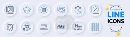 Illustration for Networking, Head and Laptop line icons for web app. Pack of Circle area, Stay home, Timer pictogram icons. Education idea, Cloud storage, Density signs. Cloud system, Success business. Vector - Royalty Free Image