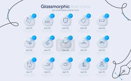 Illustration for Set of Capsule pill, Bicycle prohibited and Medical shield line icons for web app. Fever temperature, Weariness, Leaves icons. Eyeglasses, Collagen skin, Sun protection signs. Vector - Royalty Free Image