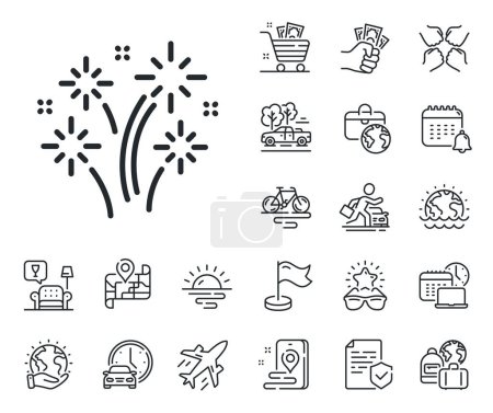Illustration for Pyrotechnic salute sign. Plane jet, travel map and baggage claim outline icons. Fireworks line icon. Carnival celebration lights symbol. Fireworks line sign. Car rental, taxi transport icon. Vector - Royalty Free Image