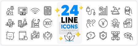 Illustration for Icons set of Floor lamp, Tax calculator and Teamwork question line icons pack for app with Medical shield, Mail app, Hold box thin outline icon. Online voting, 5g wifi. Design with 3d stars. Vector - Royalty Free Image