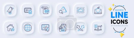 Illustration for Intersection arrows, Cloud system and Online shopping line icons for web app. Pack of Certificate, Globe, Like photo pictogram icons. Payment card, Attention, Laptop signs. Neumorphic buttons. Vector - Royalty Free Image