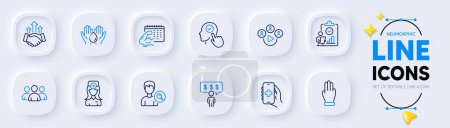 Illustration for Wash hands, Inspect and Fitness calendar line icons for web app. Pack of Group, Three fingers, Oculist doctor pictogram icons. Video conference, Employee benefits, Deal signs. Vector - Royalty Free Image