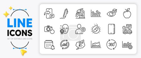 Illustration for Delivery, Upper arrows and Capsule pill line icons set for app include Apple, Signature, Recovery photo outline thin icon. Phone, Check eye, Security pictogram icon. Calendar. Vector - Royalty Free Image