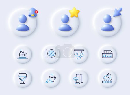 Illustration for Wine glass, Circle area and Ceiling lamp line icons. Placeholder with 3d cursor, bell, star. Pack of Entrance, Mattress, Flexible mattress icon. Coffee break, Terrace pictogram. Vector - Royalty Free Image