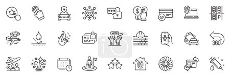 Illustration for Icons pack as Airplane wifi, Build and Fireworks stars line icons for app include Home charging, Fingerprint access, Computer fingerprint outline thin icon web set. Music app, Card. Vector - Royalty Free Image