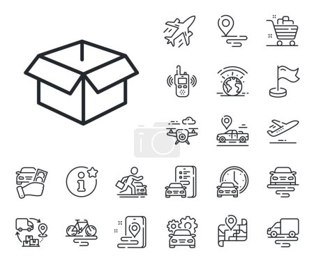 Illustration for Logistics delivery sign. Plane, supply chain and place location outline icons. Opened box line icon. Parcels tracking symbol. Opened box line sign. Taxi transport, rent a bike icon. Travel map. Vector - Royalty Free Image