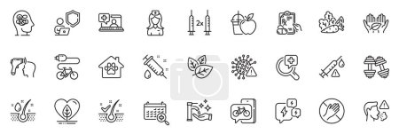 Illustration for Icons pack as Dont touch, Medical calendar and Fair trade line icons for app include Coronavirus vaccine, Electric bike, Organic tested outline thin icon web set. Washing hands. Vector - Royalty Free Image