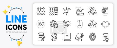 Illustration for 5g phone, Spf protection and Certificate diploma line icons set for app include Globe, Deflation, Patient outline thin icon. Medical mask, Density, Chemical formula pictogram icon. Vector - Royalty Free Image